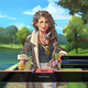 Valeria, one of the datable weapons from Boyfriend Dungeon stands in a park saying "You're cute" to the player character.